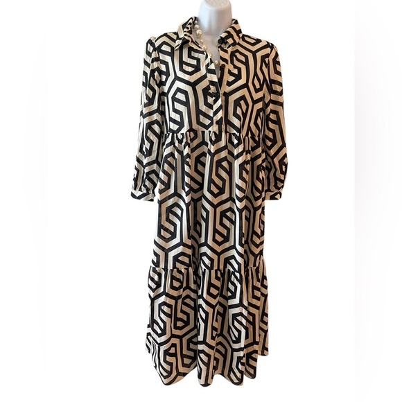 ZARA Black White Ecru Geometric Print Tunic Midi Dress Size XS Flowy Chic Shirt - Picture 4 of 5